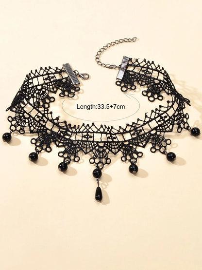 Gothic Black Lace Flower Halloween Water Drop Punk 90s Tattoo Choker Necklace-1
