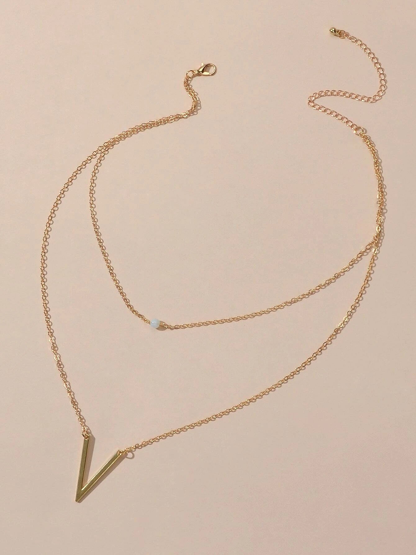 Double layer Gold Chain Letter V Shape Geometric Pendant Necklace Jewellery Gift-1