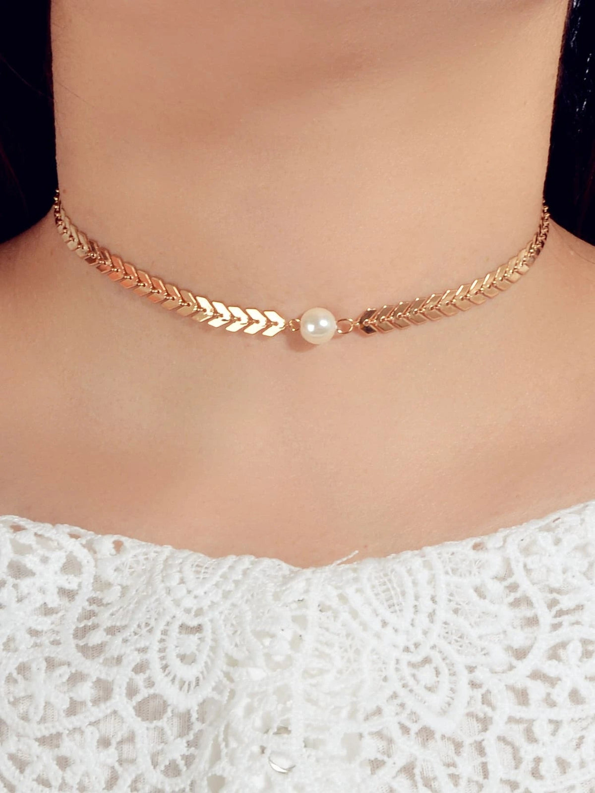 Fashion Jewellery Pearl Decor Gold Chain Arrow Choker Necklace Teens Accessories-0