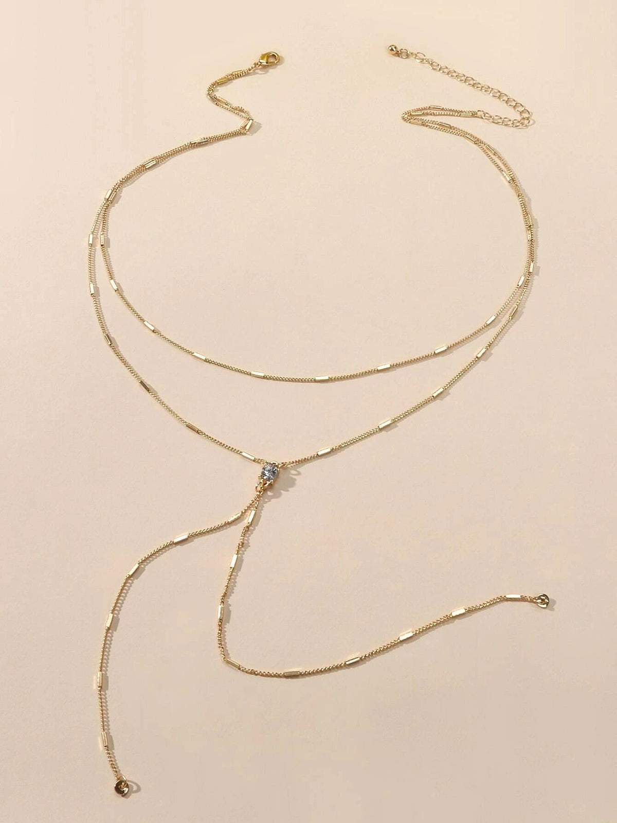 Rhinestone Double layer Long Chain Y-lariat Fringe Necklace Textured Jewellery-1