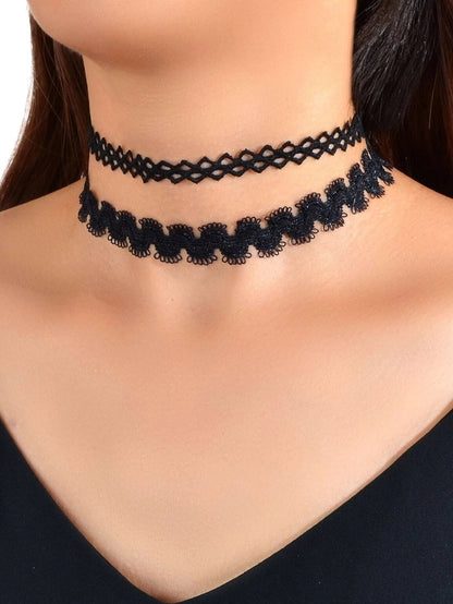 6 pcs Black Lace Hollow out Flower Geometric Gothic 90s Tattoo Choker Necklace-1