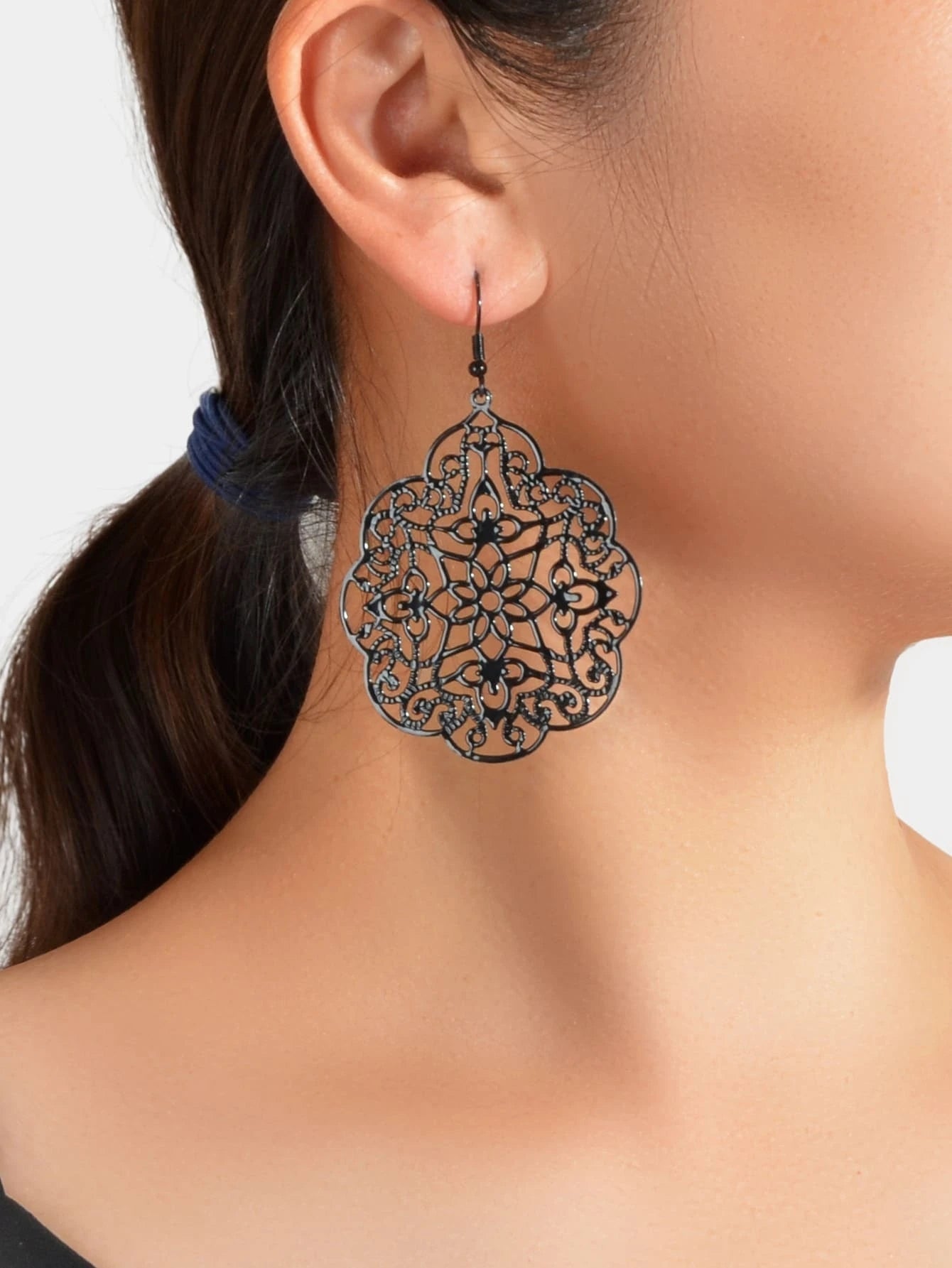 Retro Black Hollow out Geometric Pattern Big Vintage Drop Dangle Party Earrings-0