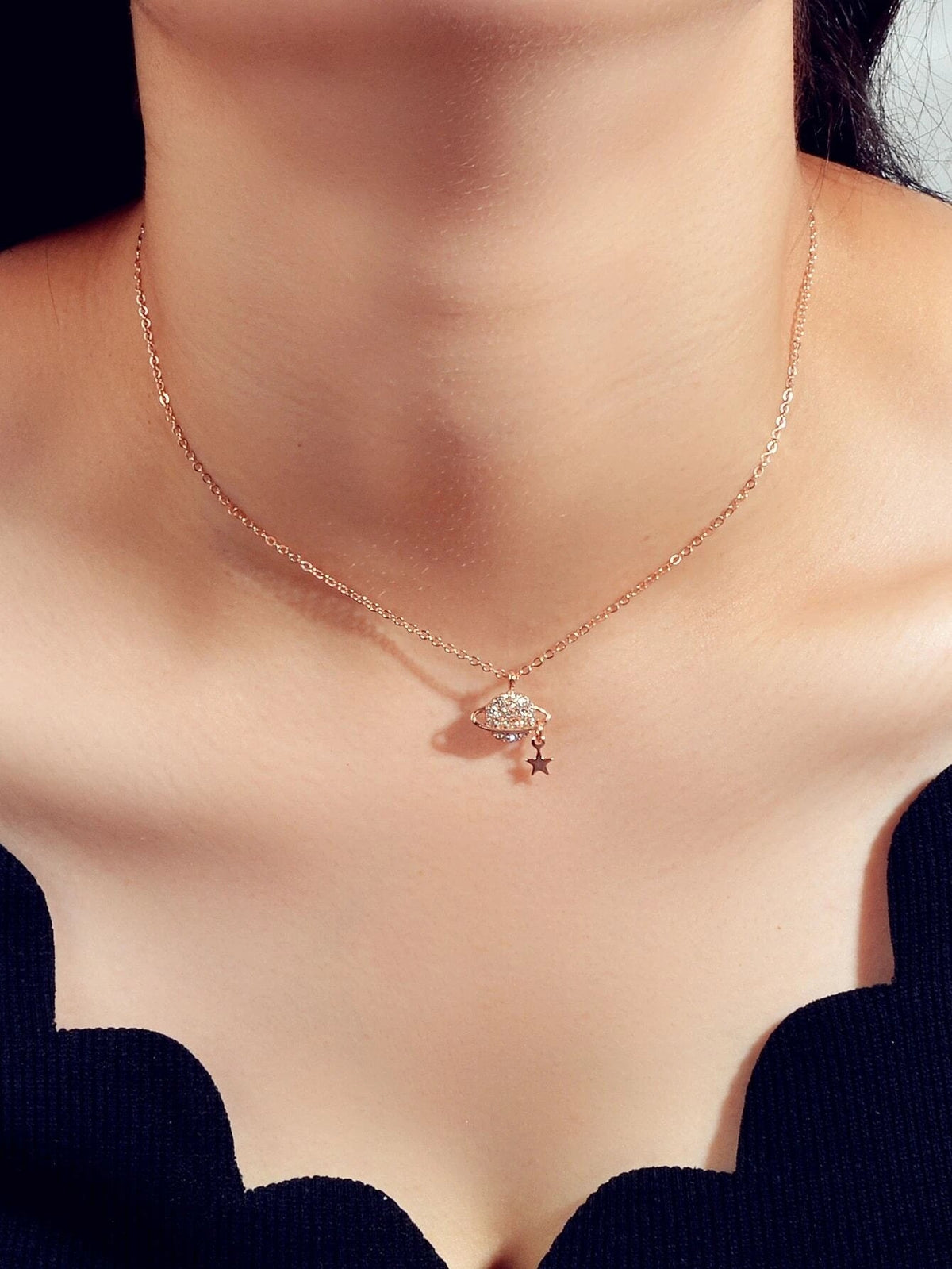 Rhinestone Star Planet Globe Pendant Necklace Women Teens Girl Jewellery Gift-0