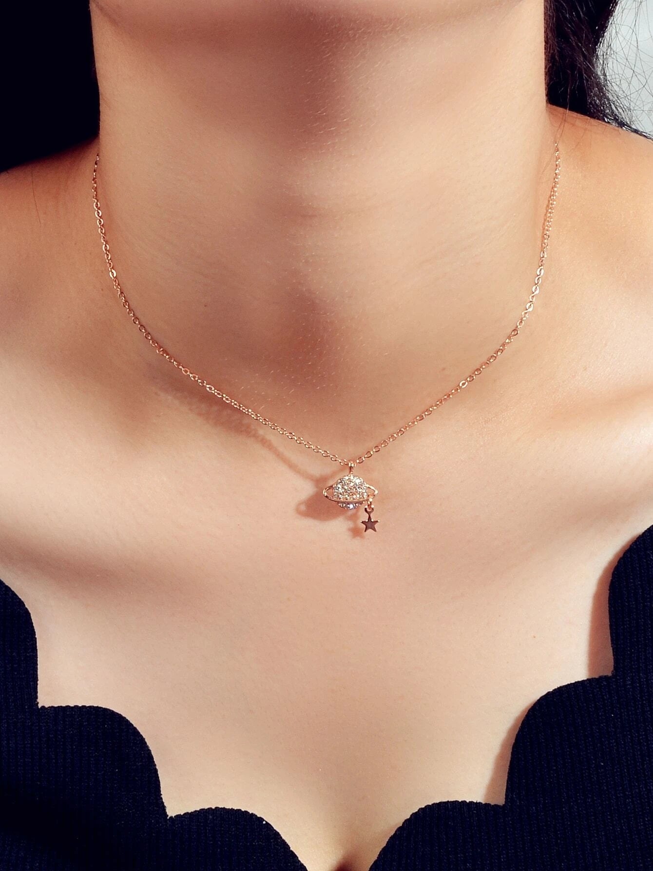 Rhinestone Star Planet Globe Pendant Necklace Women Teens Girl Jewellery Gift-0