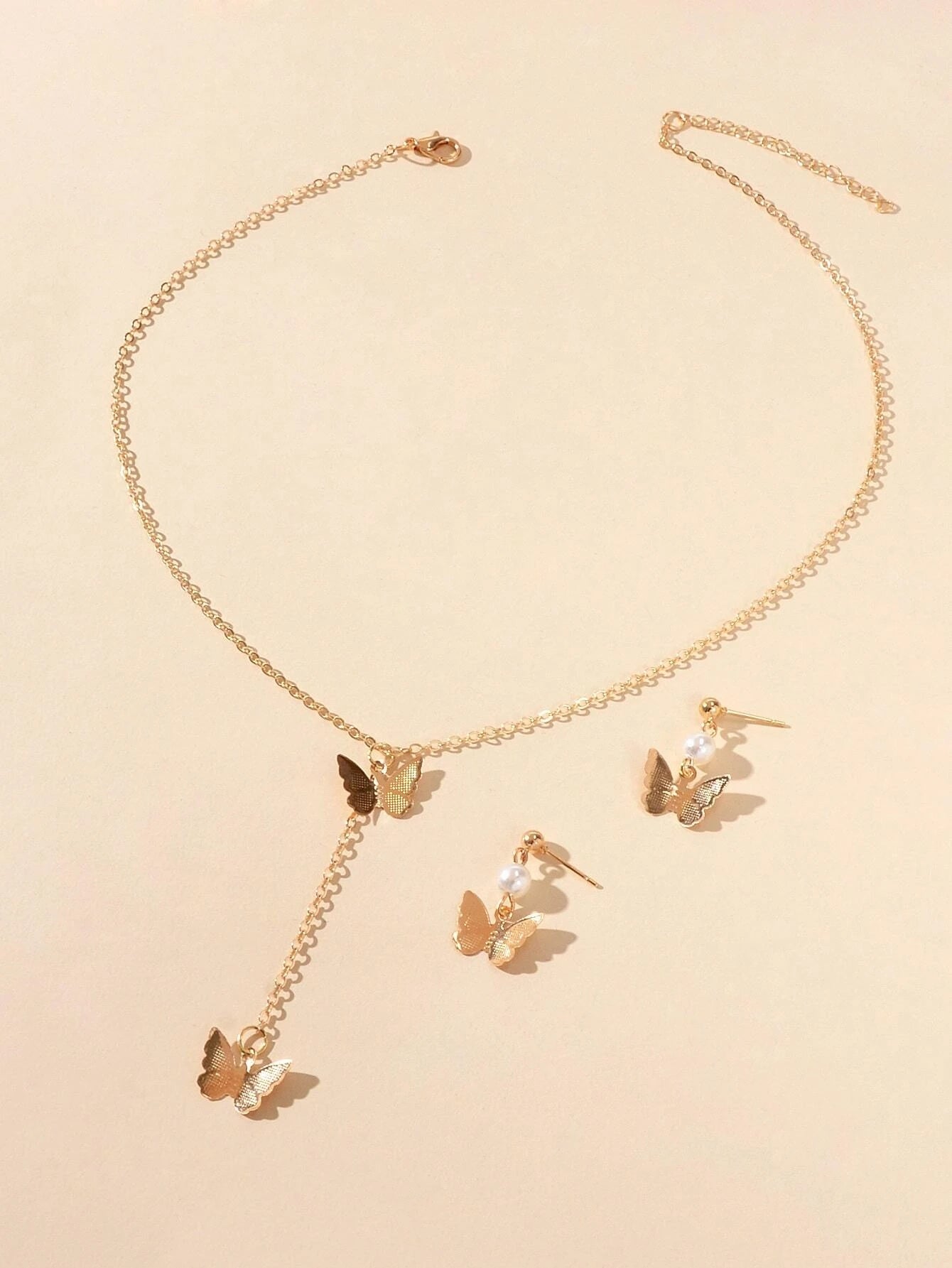 Jewellery set Pearl Decor Gold Butterfly Pendant Necklace Dainty Drop Earrings-1