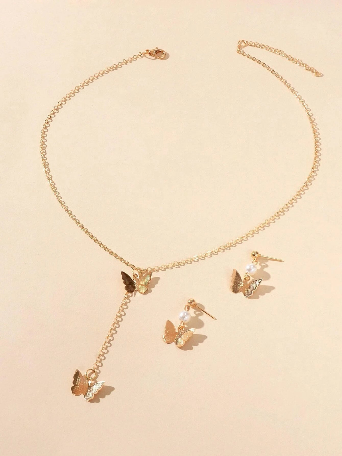 Jewellery set Pearl Decor Gold Butterfly Pendant Necklace Dainty Drop Earrings-1