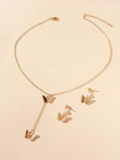Jewellery set Pearl Decor Gold Butterfly Pendant Necklace Dainty Drop Earrings-1
