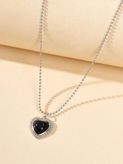 Silver Ball Chain Black Love Heart Pendant Necklace Textured Collar Jewellery-1