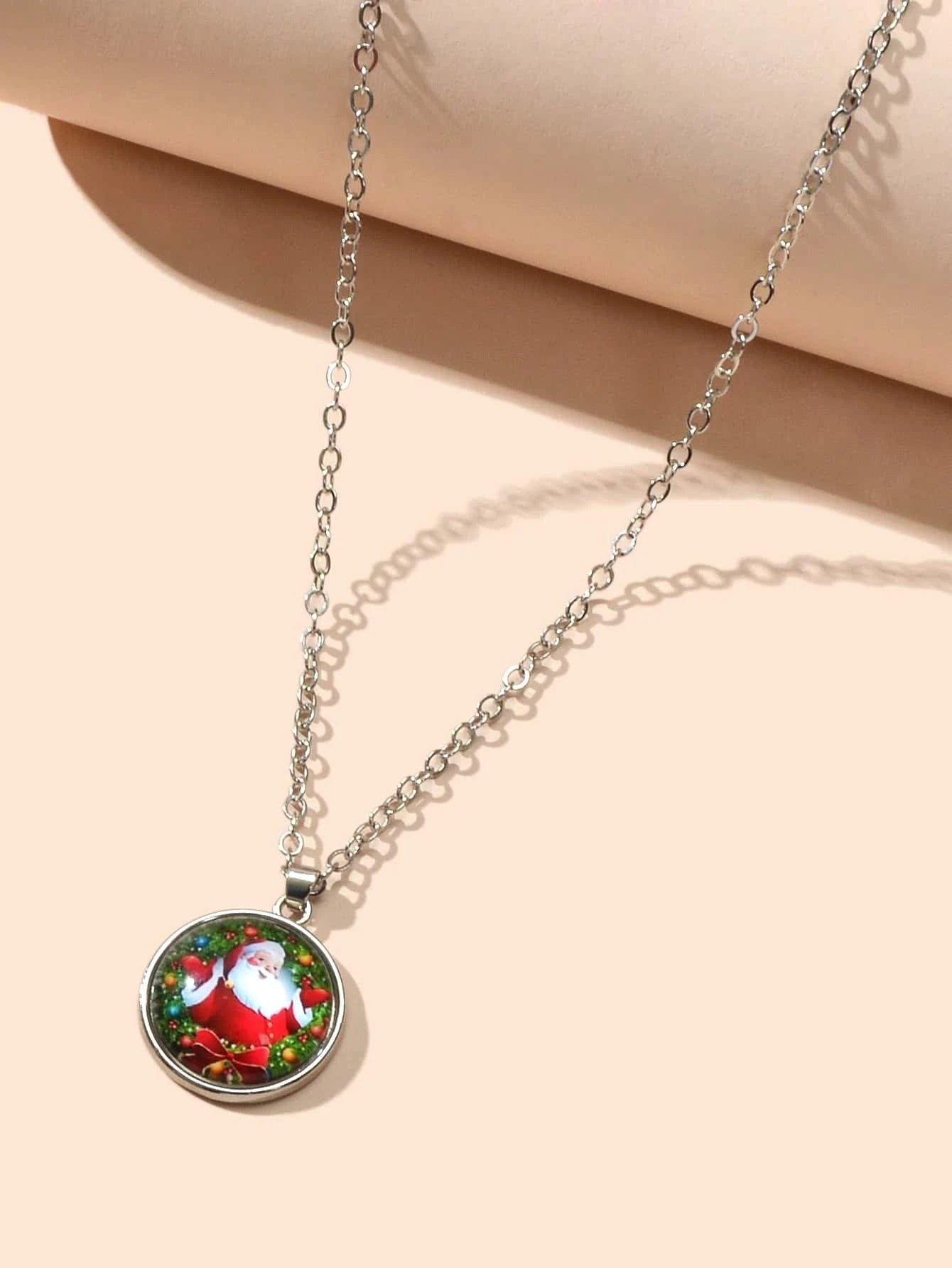 Silver Chain Santa Claus Pattern Round Pendant Necklace Women Girls Party Gift-1
