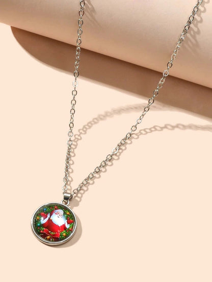 Silver Chain Santa Claus Pattern Round Pendant Necklace Women Girls Party Gift-1