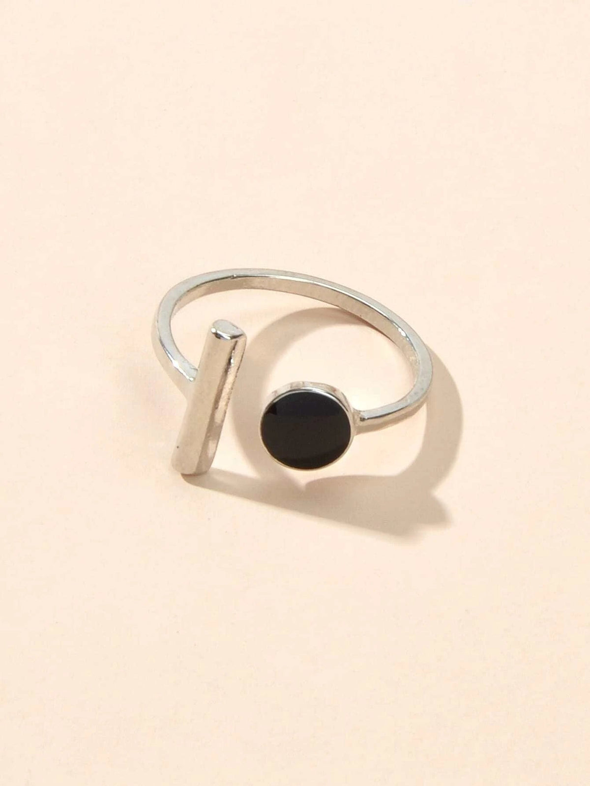 Textured Jewellery Black Enamel Round Bar Silver Open Cuff Finger Women Ring-2