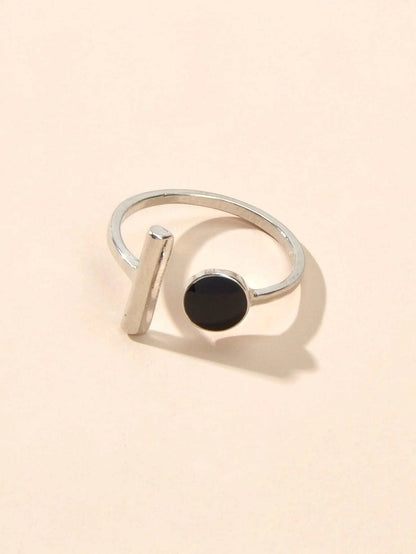 Textured Jewellery Black Enamel Round Bar Silver Open Cuff Finger Women Ring-2