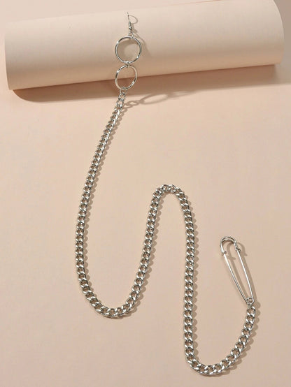 1pc Hiphop Punk Jewellery Rock Silver Long Tassel Chain Safety Pin Drop Earrings-1