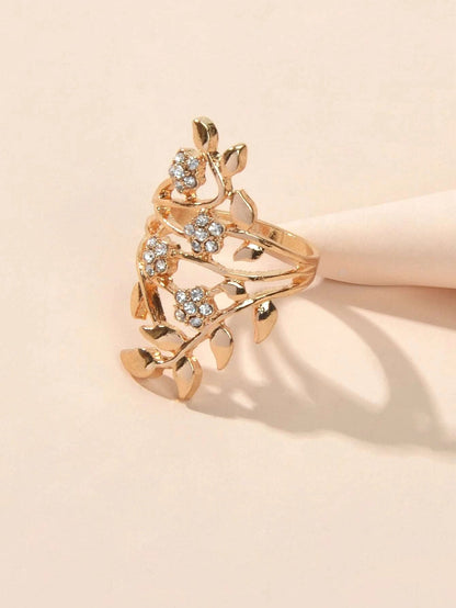 Luxurious Rhinestone Decor Silver Hollow Flower Leaf Finger Engagement Gift Ring-1