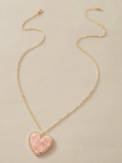 Gold Chain Rhinestone Pink Love Heart Charm Necklace Girlfriend Gift Jewellery-1