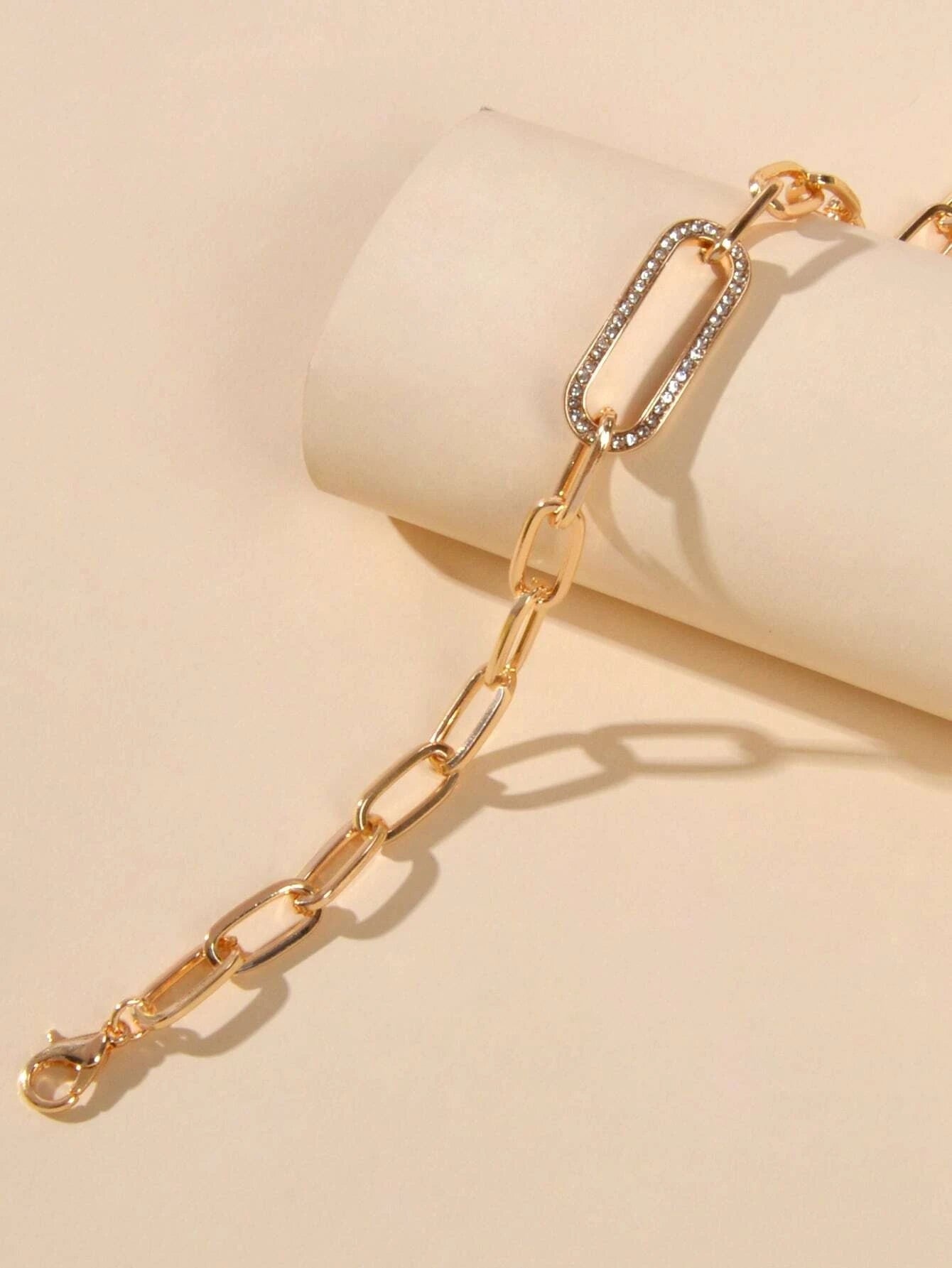 Rhinestone Decor Geometric Gold Chunky Solid Chain Bracelet Women Teens Jewelry-1