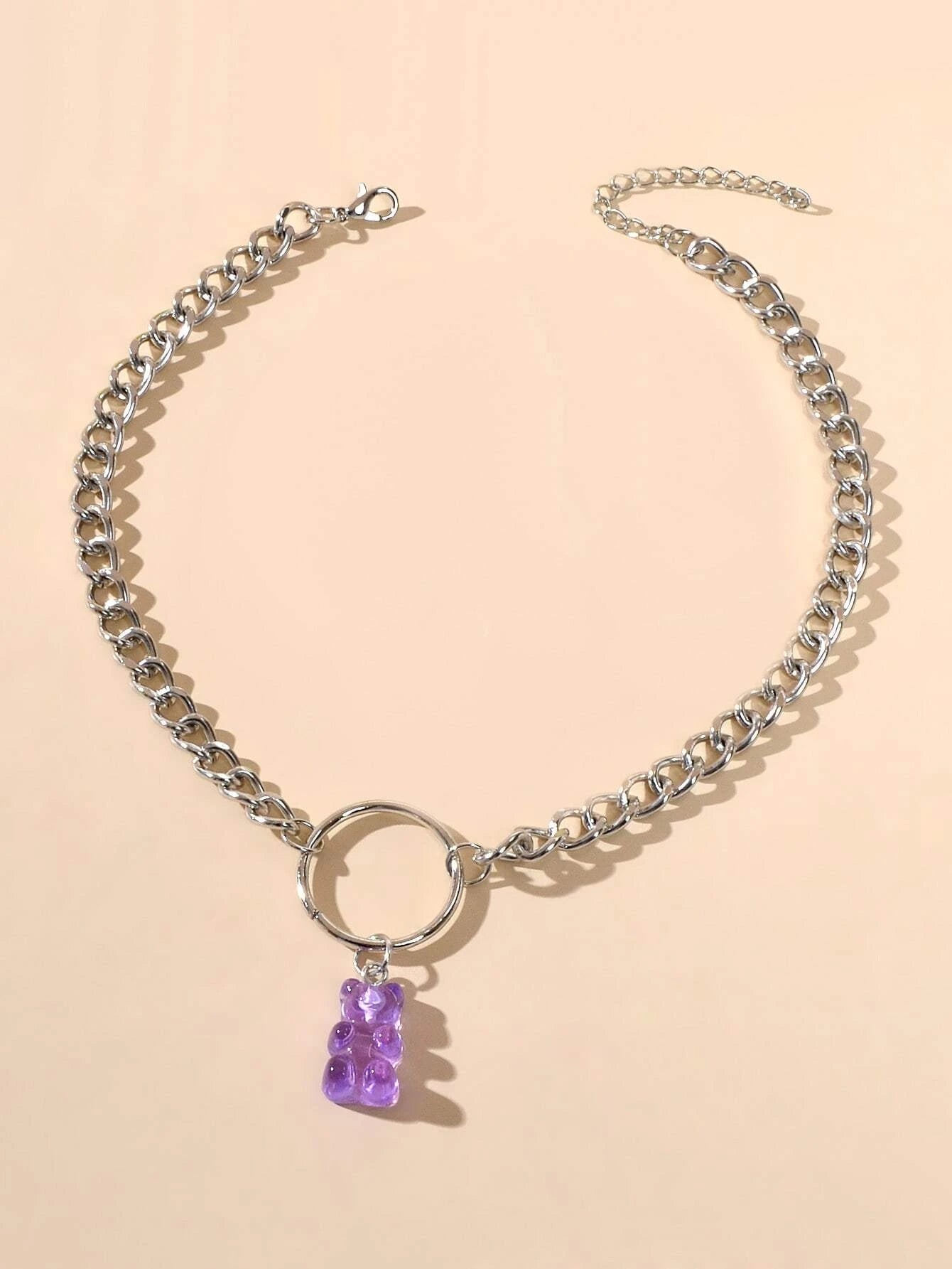 Lovely Jewellery Silver Chain Circle Purple Bear Pendant Necklace Accessories-1