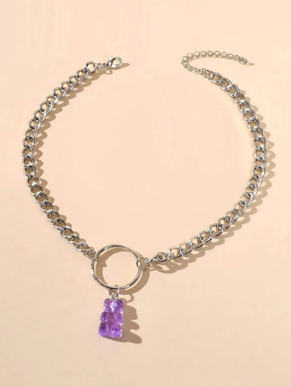 Lovely Jewellery Silver Chain Circle Purple Bear Pendant Necklace Accessories-1