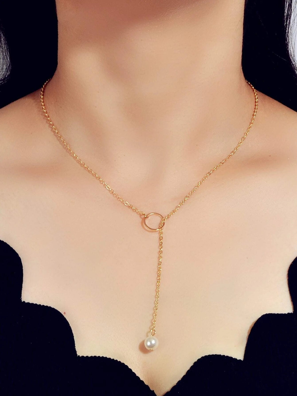 Fashion Gold Silver Chain Faux Pearl Decor Simple Lariat Necklace Women Jewelry-0