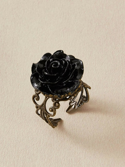 Retro Gothic Jewellery Resin Flower Open Cuff Finger Ring Antique Accessories-1