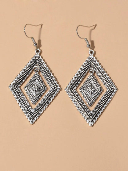 Tribal Ethnic Vintage Women Antique Silver Rhombus Geometric Dangle Earrings-2