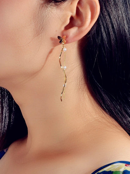 Fashion Pearl Decor Long Gold Chain Butterfly Geometric Dangle Women Earrings-1