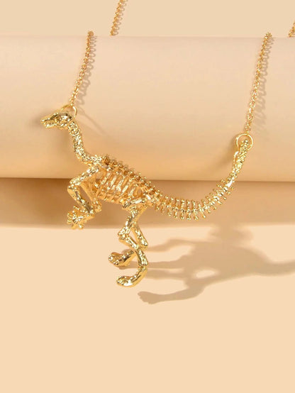 Punk Jewellery Gold Chain Dinosaur Skeleton Statement Pendant Necklace Accessory-1