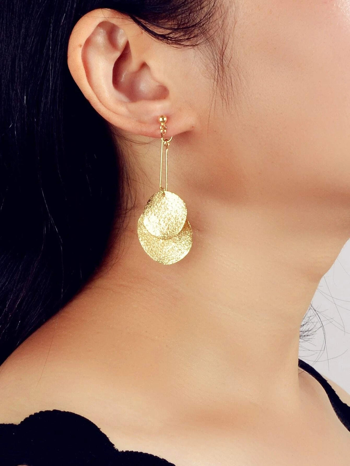 Gold Color Metal Geometric Drop Earrings Ear Jacket Stunning Disc Stud Jewellery-1