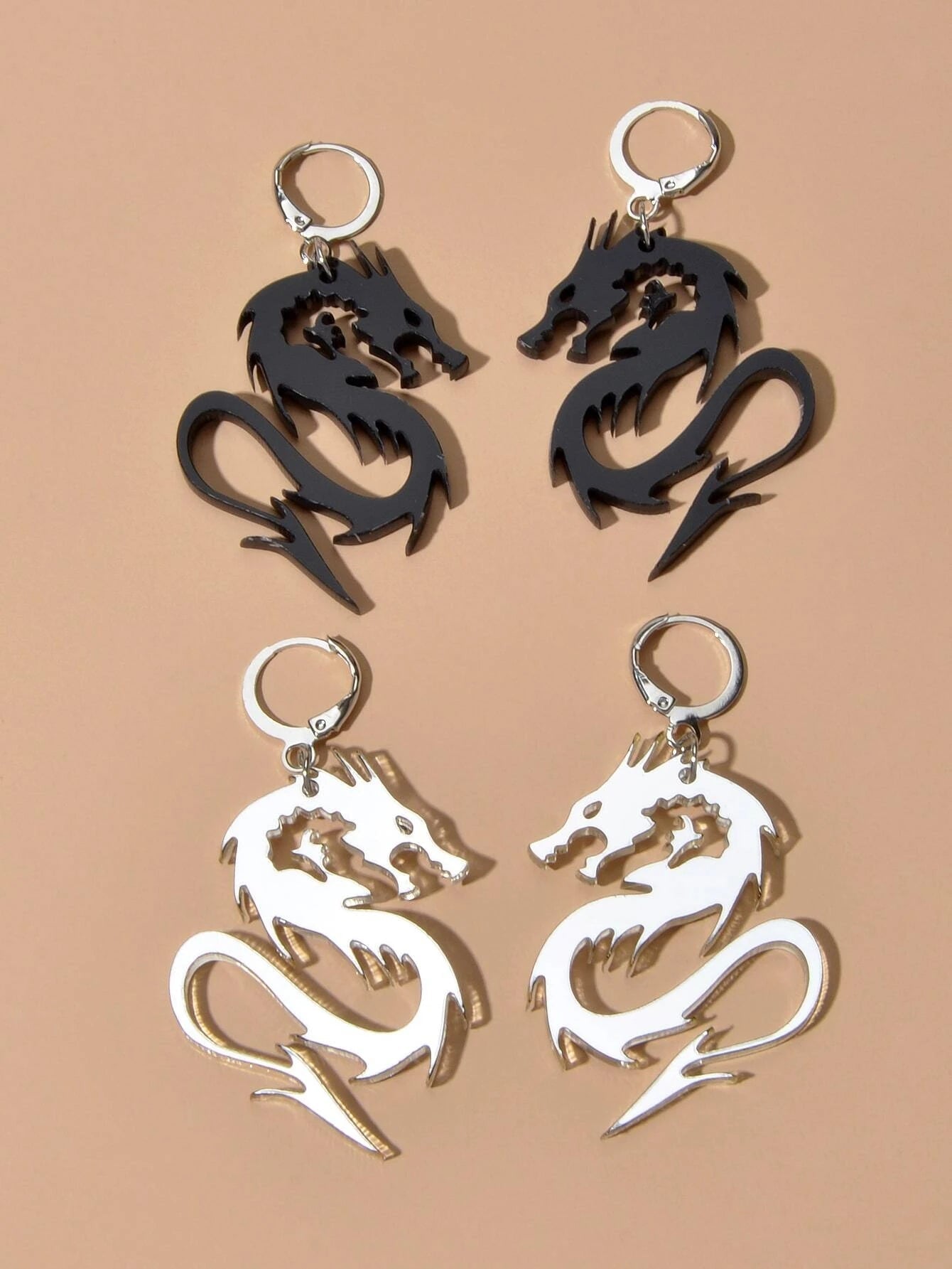 2pairs Hiphop Jewellery Acrylic Black Gold Dragon Drop Earrings Punk Accessories-1