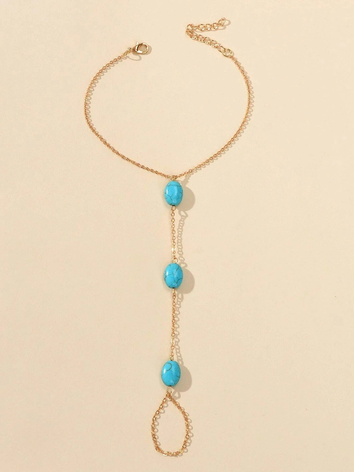 1 pc Bohemian Foot Beach Jewelry Gold Chain Turquoise Beads Anklet with Toe Ring-1