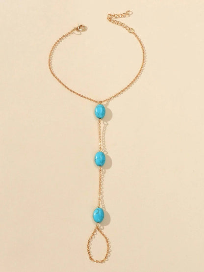 1 pc Bohemian Foot Beach Jewelry Gold Chain Turquoise Beads Anklet with Toe Ring-1