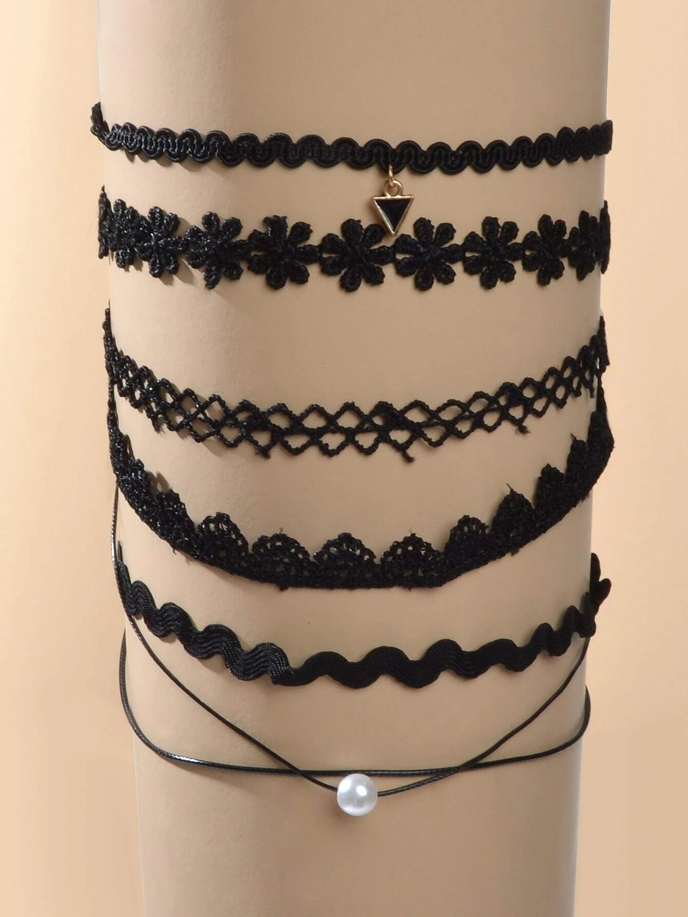 Black Elastic 5pcs Lace Flower Triangle Charm Boho Gothic 90s Tattoo Choker Gift-0