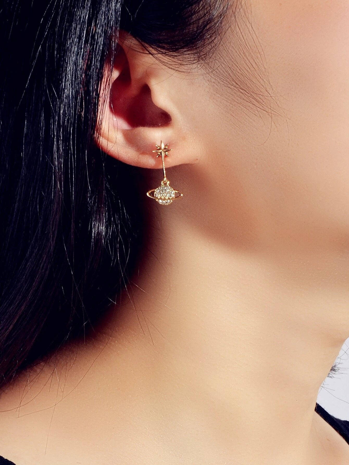 New Designer Rhinestone Gold Silver Planet Star Stud Pierced Earrings Ear Jacket-1