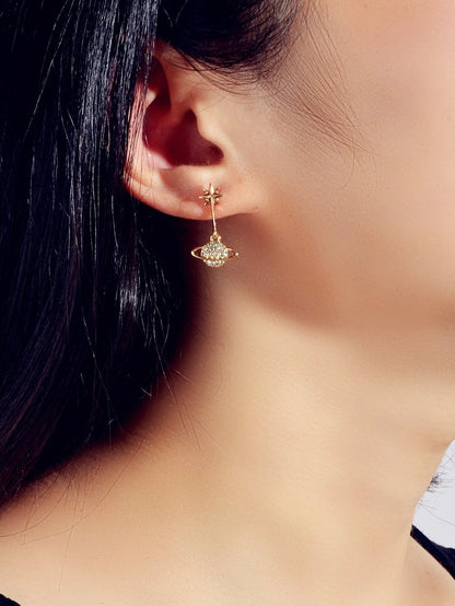 New Designer Rhinestone Gold Silver Planet Star Stud Pierced Earrings Ear Jacket-1