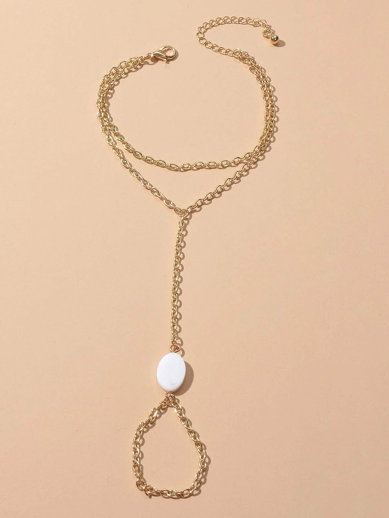 Double Layer Gold Tone Chain Shell Charm Slave Bracelet with Finger Ring Gift-1