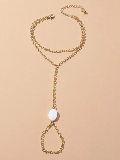 Double Layer Gold Tone Chain Shell Charm Slave Bracelet with Finger Ring Gift-1