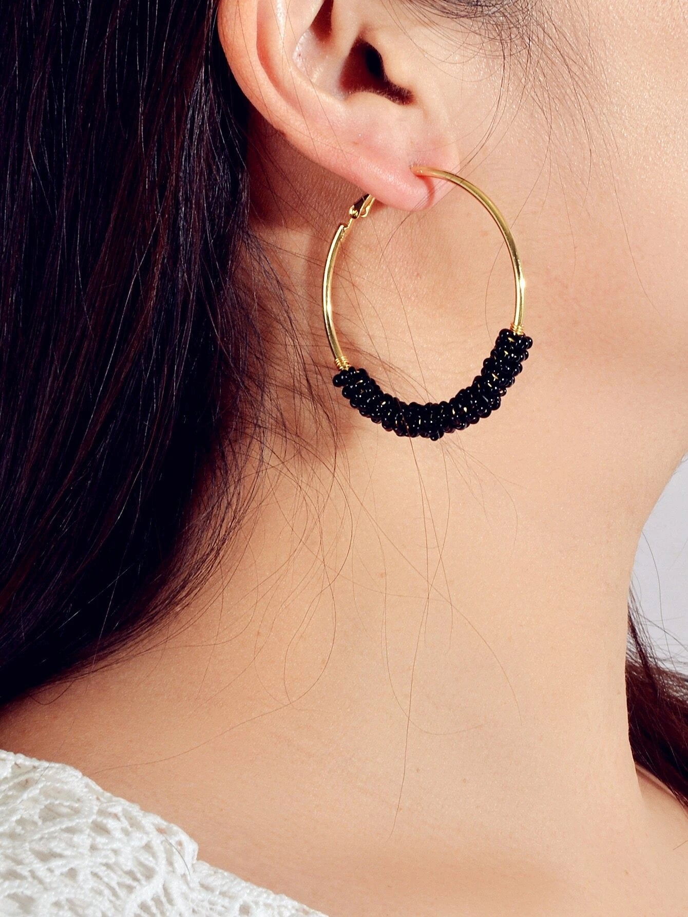 Bohemian Jewellery Handmade Black Beads Big Hoop Earrings Ethnic Women Accessory-1