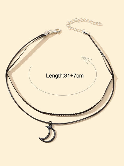 Gothic Black Pu Leather Double layer Chain Moon Star Charm Punk 90s Tattoo Choker-1