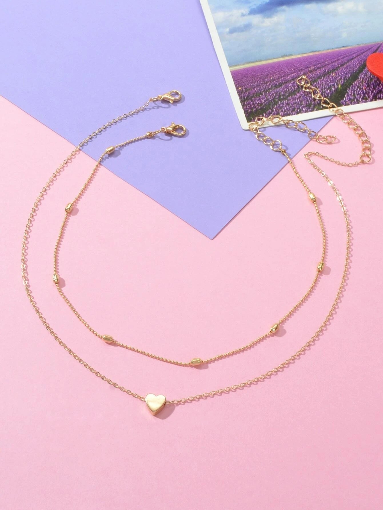Double Layer Gold Chain Heart Charm Necklace Triangle Stud Earrings Jewelry Set-2