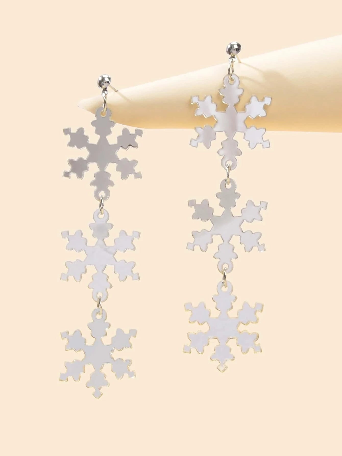 Christmas Jewellery Silver Long Resin Acrylic Snowflake Big Dangle Stud Earrings-1