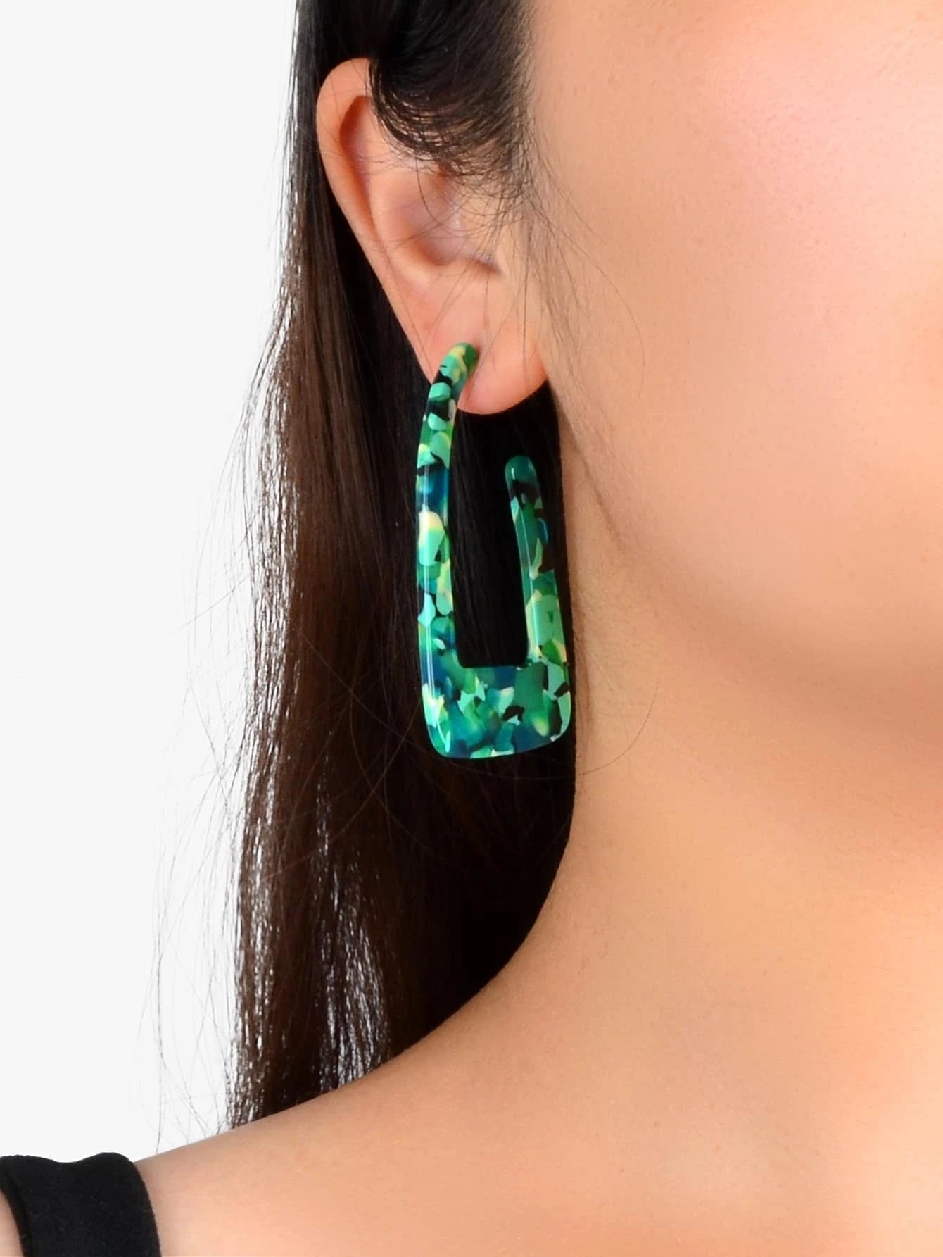 Statement Mottled Green Resin Geometric Dangle Polygonal Bohemian Earrings Gift-1