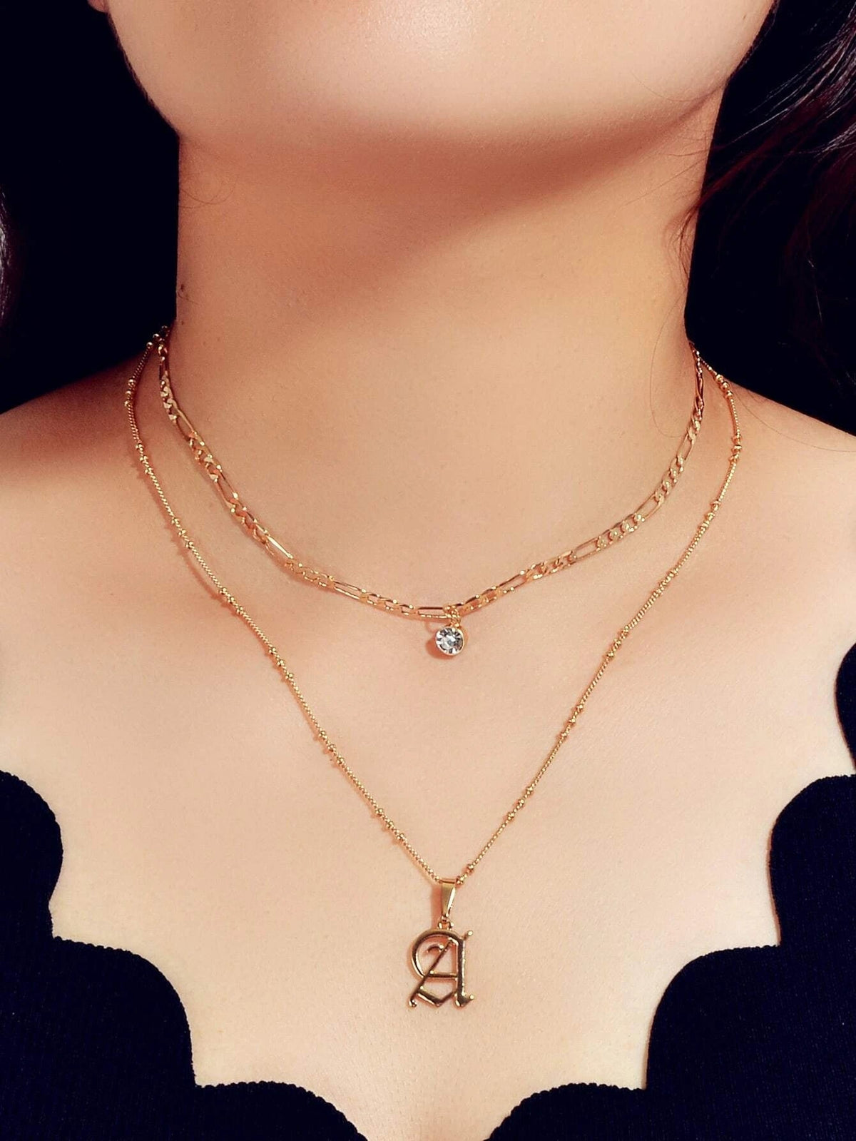 2 pcs Gold Chain Rhinestone Letter A Pendant Double Layer Necklace Women Jewelry-2