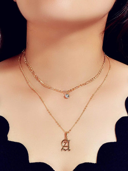 2 pcs Gold Chain Rhinestone Letter A Pendant Double Layer Necklace Women Jewelry-2