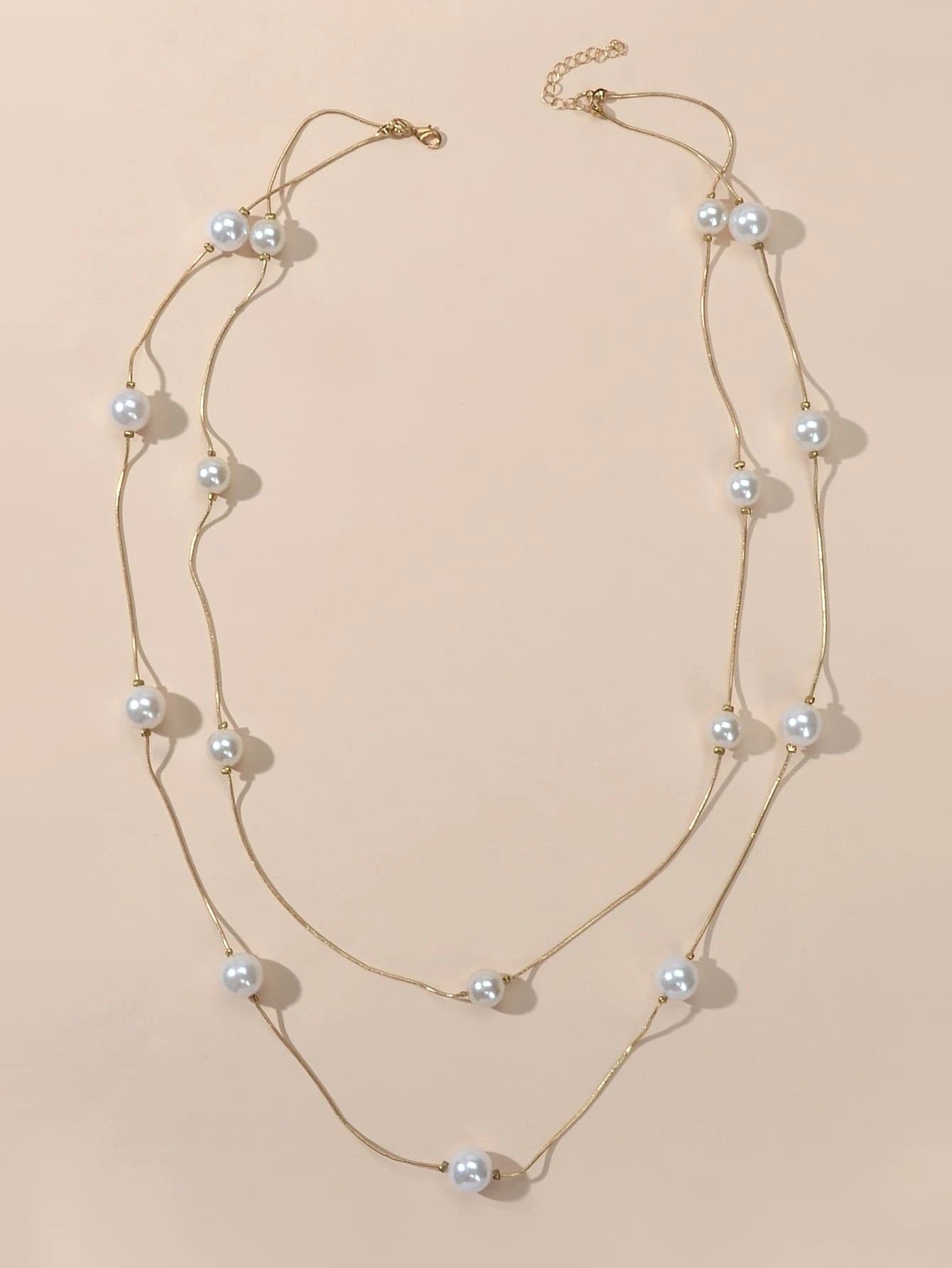 Double Layer Pearl Decor Gold Silver Chain Long Necklace Fashion Accessories-1