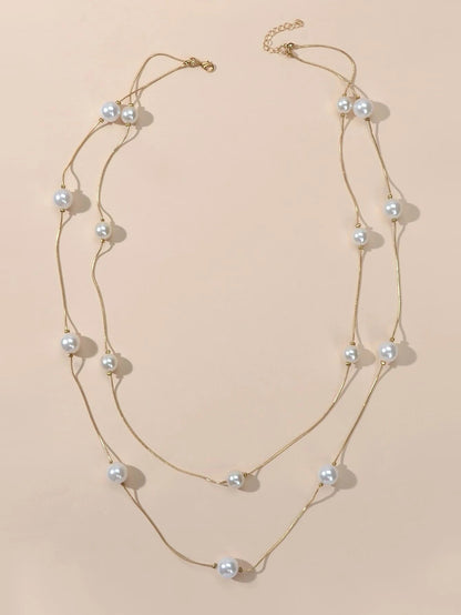 Double Layer Pearl Decor Gold Silver Chain Long Necklace Fashion Accessories-1