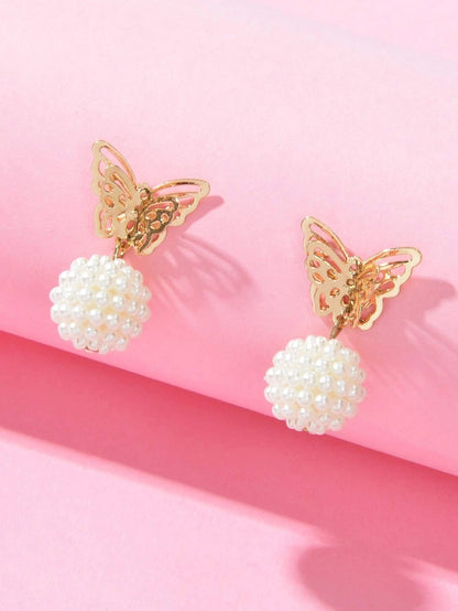 Faux Pearl Ball Gold Tone Butterfly Stud Earrings Women Teens Textured Jewellery-2