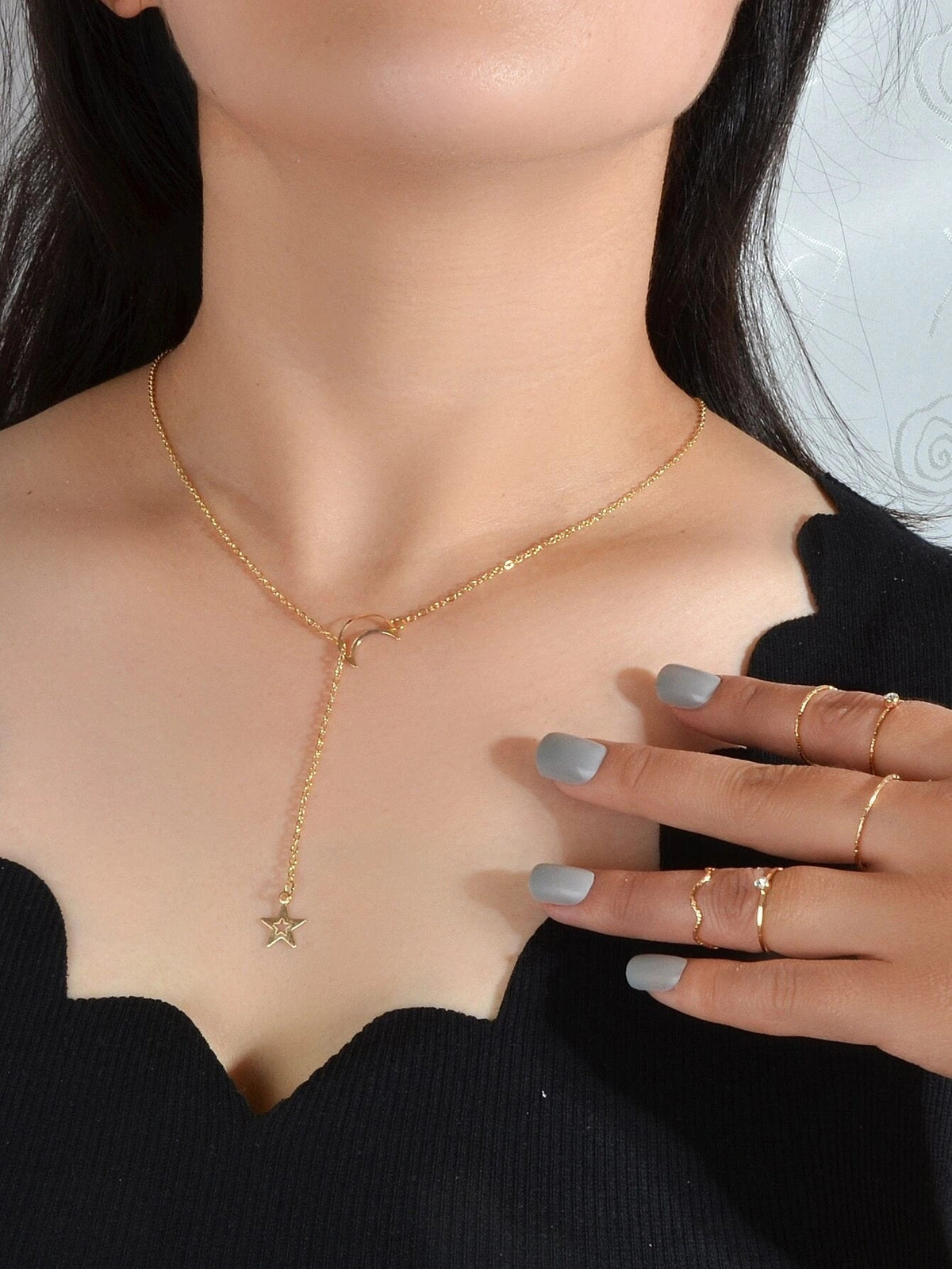 Jewellery set Star Charm Y-lariat Necklace and 5 pcs Midi Knuckle Stack Rings-0