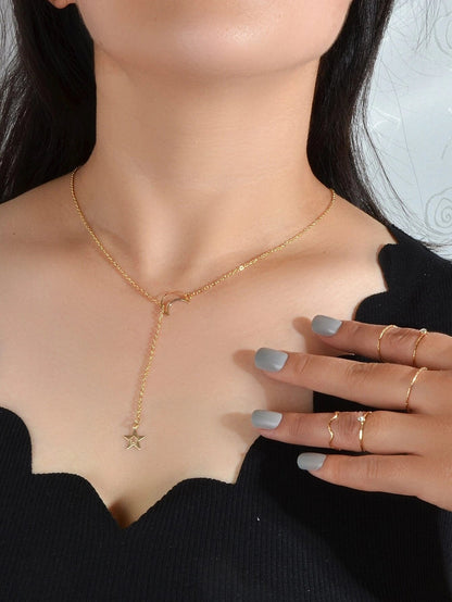 Jewellery set Star Charm Y-lariat Necklace and 5 pcs Midi Knuckle Stack Rings-0