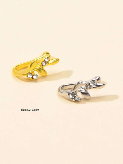 2pcs Gold Silver Rhinestone Leaf Fake Nose Ring Lip Nose Body Piercing Jewellery-1