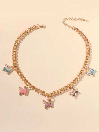 Hip Hop Colorful Enamel Bling Butterfly Charm Necklace Clavicle Chain Choker-1